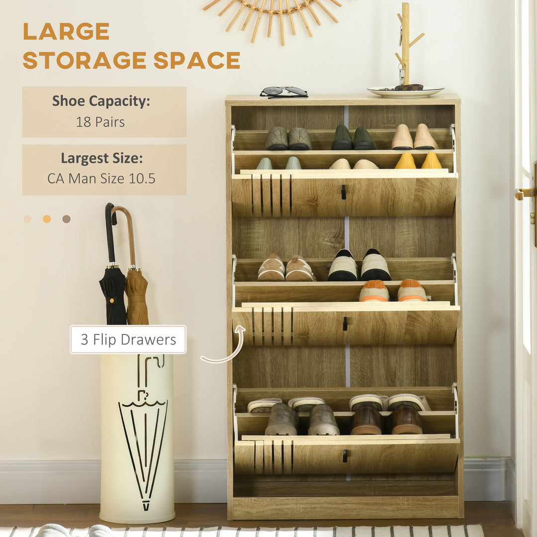 HOMCOM Shoe Storage Cabinet Organizer for 18 Pairs of Shoes with 3 Flip Drawers and Adjustable Shelves, Oak