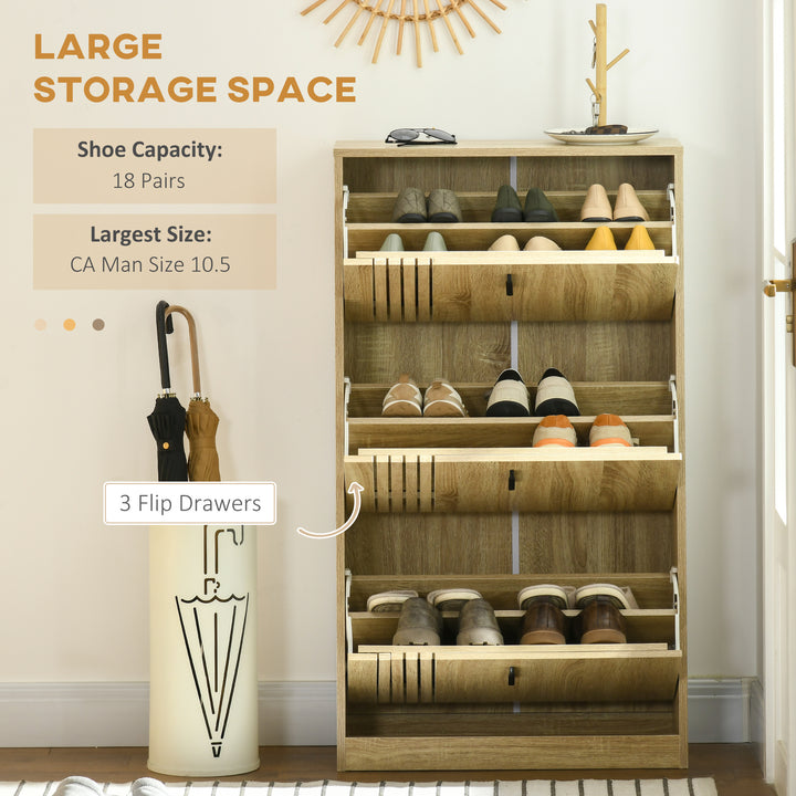 HOMCOM Shoe Storage Cabinet Organizer for 18 Pairs of Shoes with 3 Flip Drawers and Adjustable Shelves, Oak