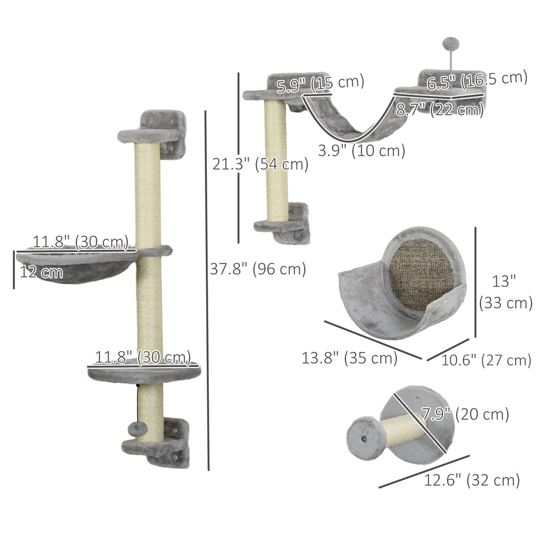 PawHut 5PCs Cat Wall Shelves with Hammock, Scratching Posts, Perches, Ladder, for Indoor Cats, Light Grey