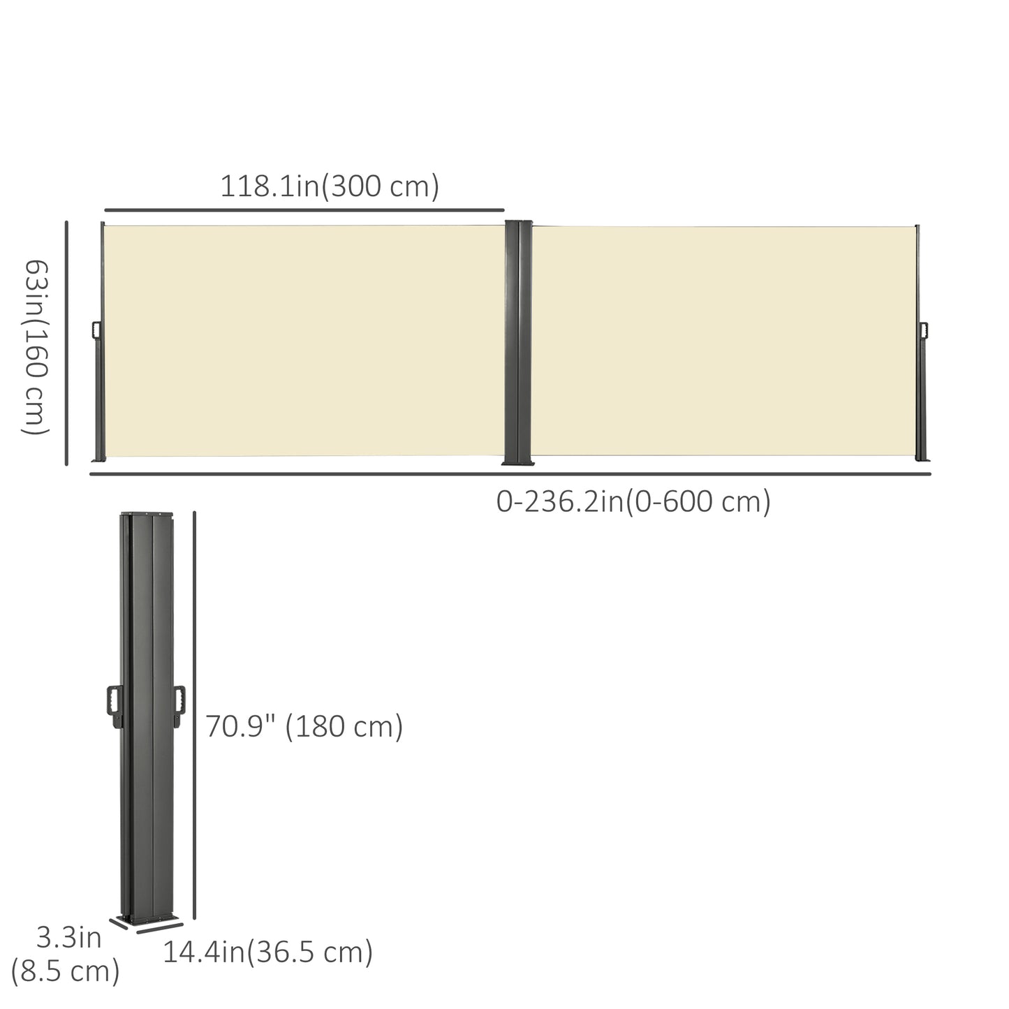 Outsunny Double Retractable Side Awning, 236" x 63" Outdoor Privacy Wall, Patio Screen for Garden, Balcony, Backyard, Grey