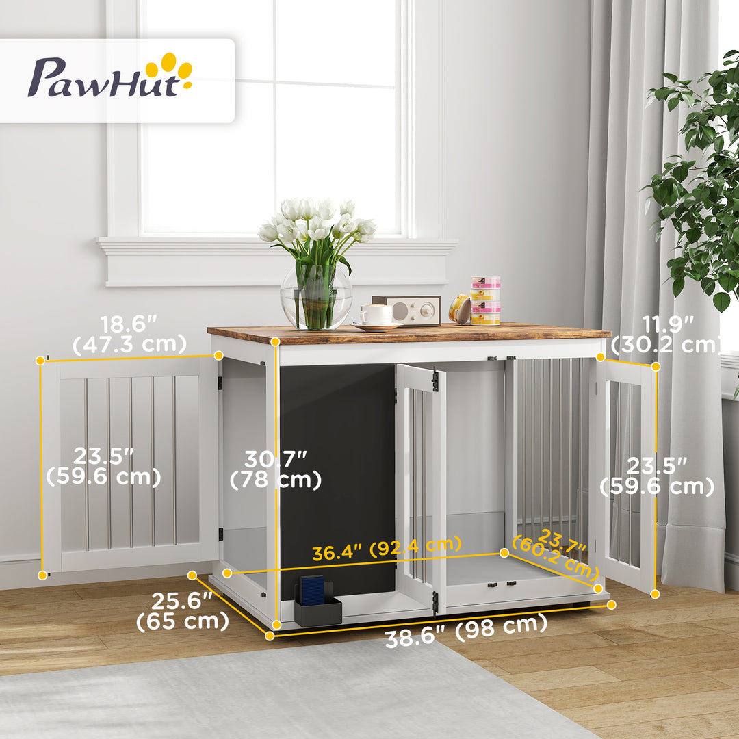 PawHut 39" Dog Crate Furniture Side End Table for Large Dogs w/ Blackboard, Three Doors, White