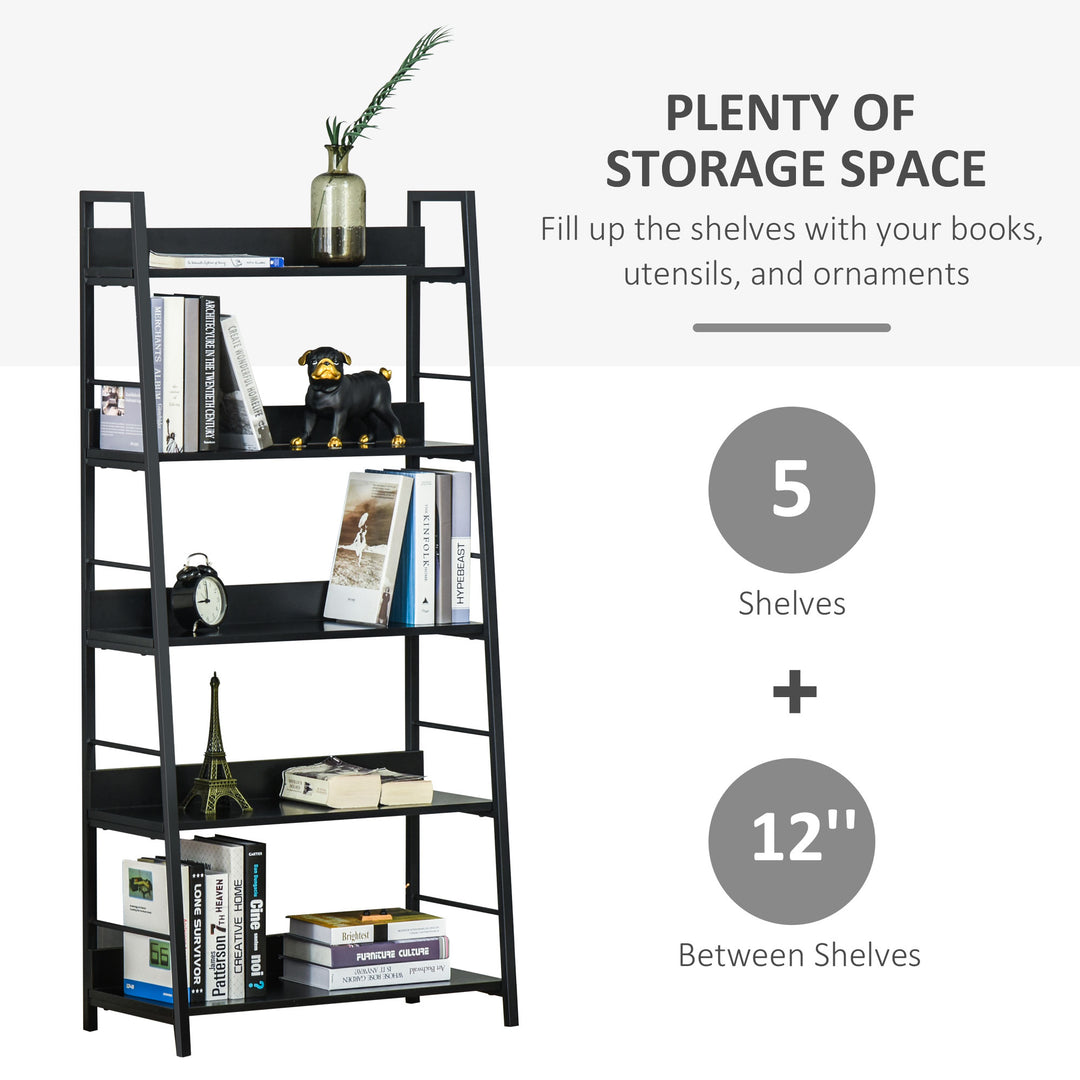 HOMCOM Modern Bookshelf Storage with 5-Tier Wide Shelving, Metal Frame, Wooden Bookcase for Living Room Library Home Furniture, Black