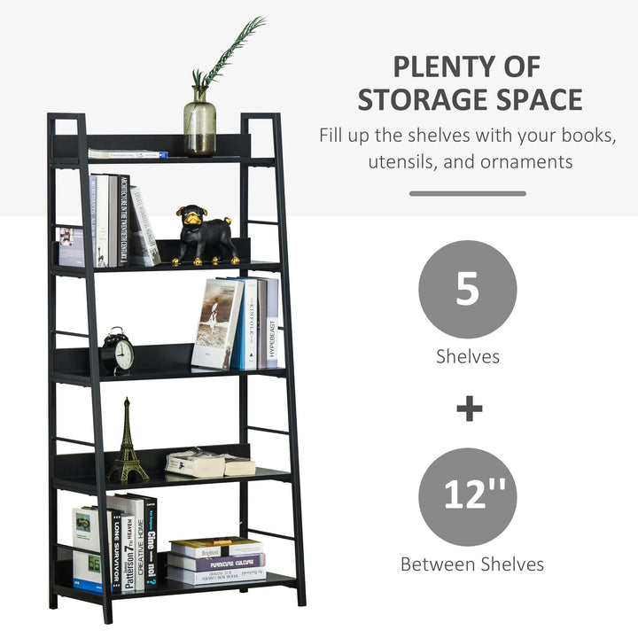 HOMCOM Modern Bookshelf Storage with 5-Tier Wide Shelving, Metal Frame, Wooden Bookcase for Living Room Library Home Furniture, Black