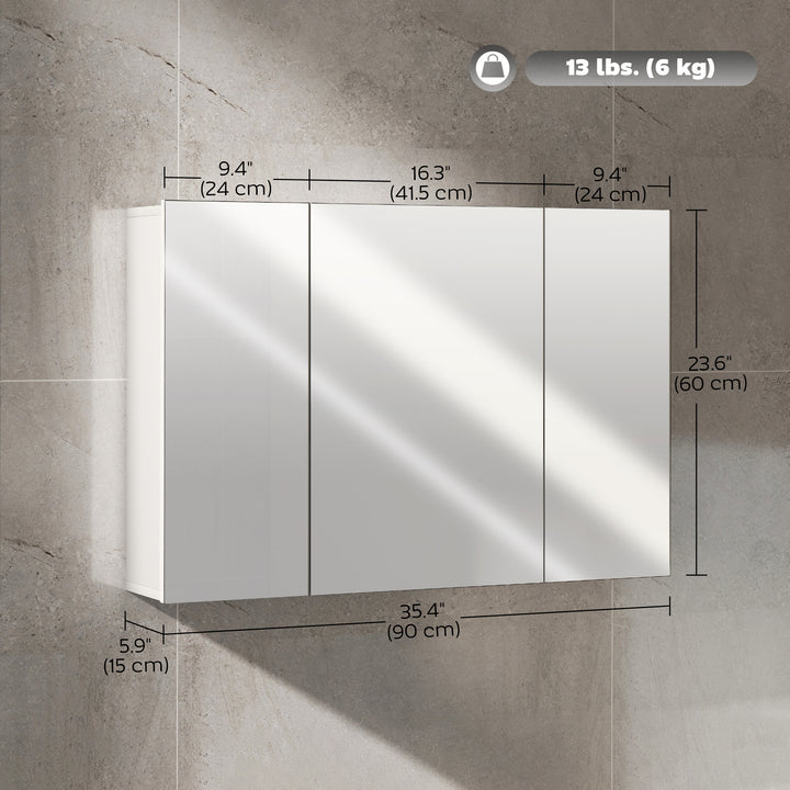 kleankin 28" x 24" Wall Mounted Mirror Cabinet, Bathroom Medicine Cabinet with Mirror, 3 Doors and Adjustable Shelves, White