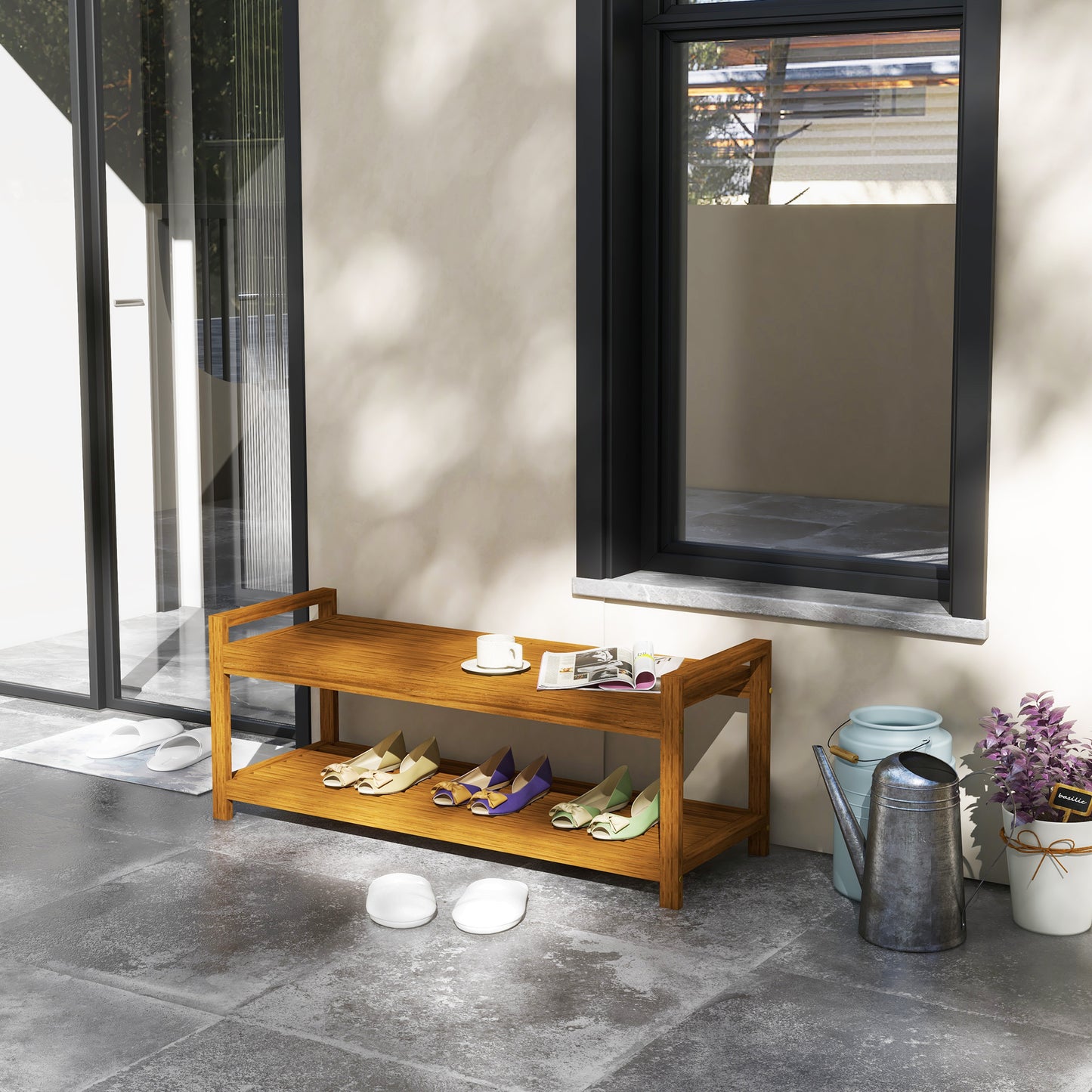 Outsunny Garden Stool with Storage Shelf, Slatted Seat for Indoor Conservatory, Garden, Poolside, Deck, Teak