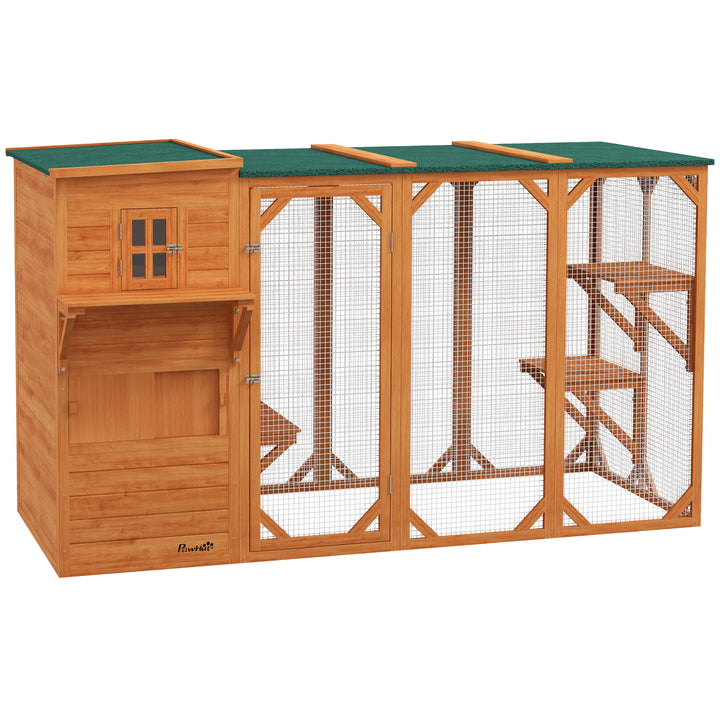 PawHut Wooden Cat Catio, 76"L Walk in Outdoor Cat House with Asphalt Roof, Platforms, Lockable Doors, 3-tier Resting Condo, Observation Window, for 2-3 Cats, Light Grey