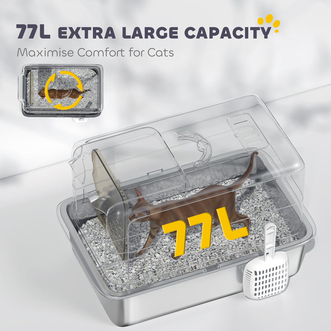 PawHut Stainless Steel Cat Litter Box w/ Removable Lid & Scoop, for Small to Large Cats, Easy to Clean, White