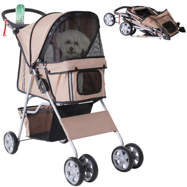 PawHut 4 Wheel Dog Pet Stroller Dog Cat Carrier Folding Sunshade Canopy with Brake, Safety Leash, Cup Holder, Brown