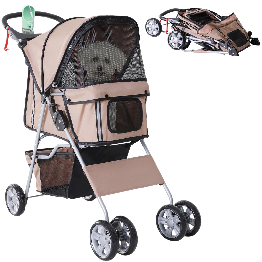 PawHut 4 Wheel Dog Pet Stroller Dog Cat Carrier Folding Sunshade Canopy with Brake, Safety Leash, Cup Holder, Brown