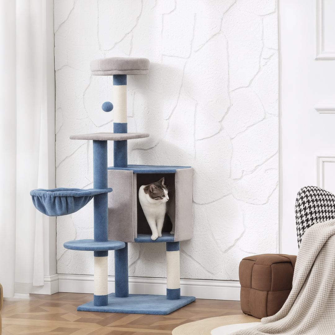 PawHut 48" Modern Cat Tree with Condo, Hammock, Perch, Sisal Scratching Posts, Toy Ball, for Indoor Cats, Blue and Grey