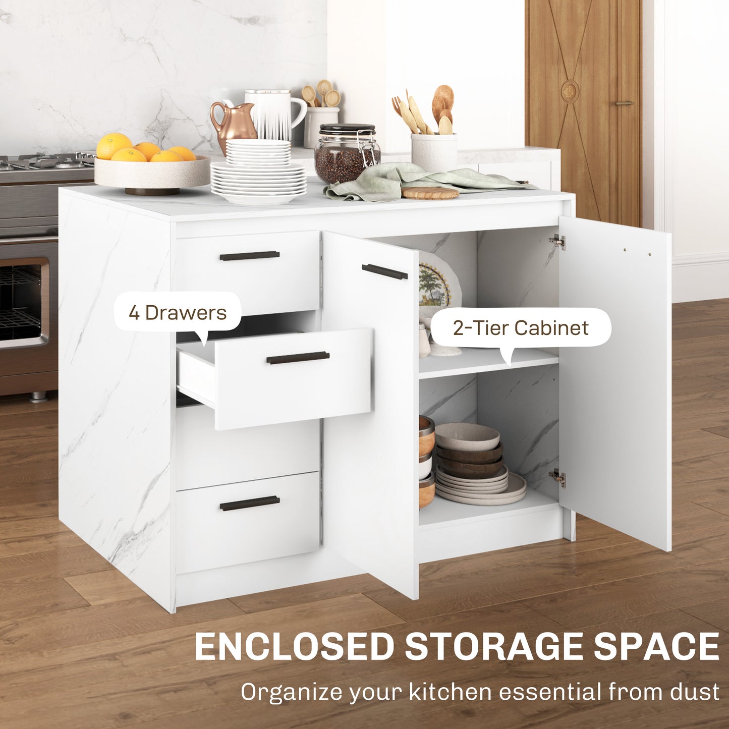 HOMCOM Kitchen Island with Storage Cabinet, 4 Drawers and Adjustable Shelf for Dining Room, Faux Marble Effect and White