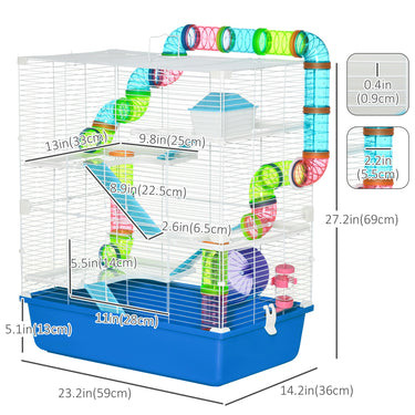 PawHut 23" Large Hamster Cage 5-Level with Tunnel Tube System, Blue