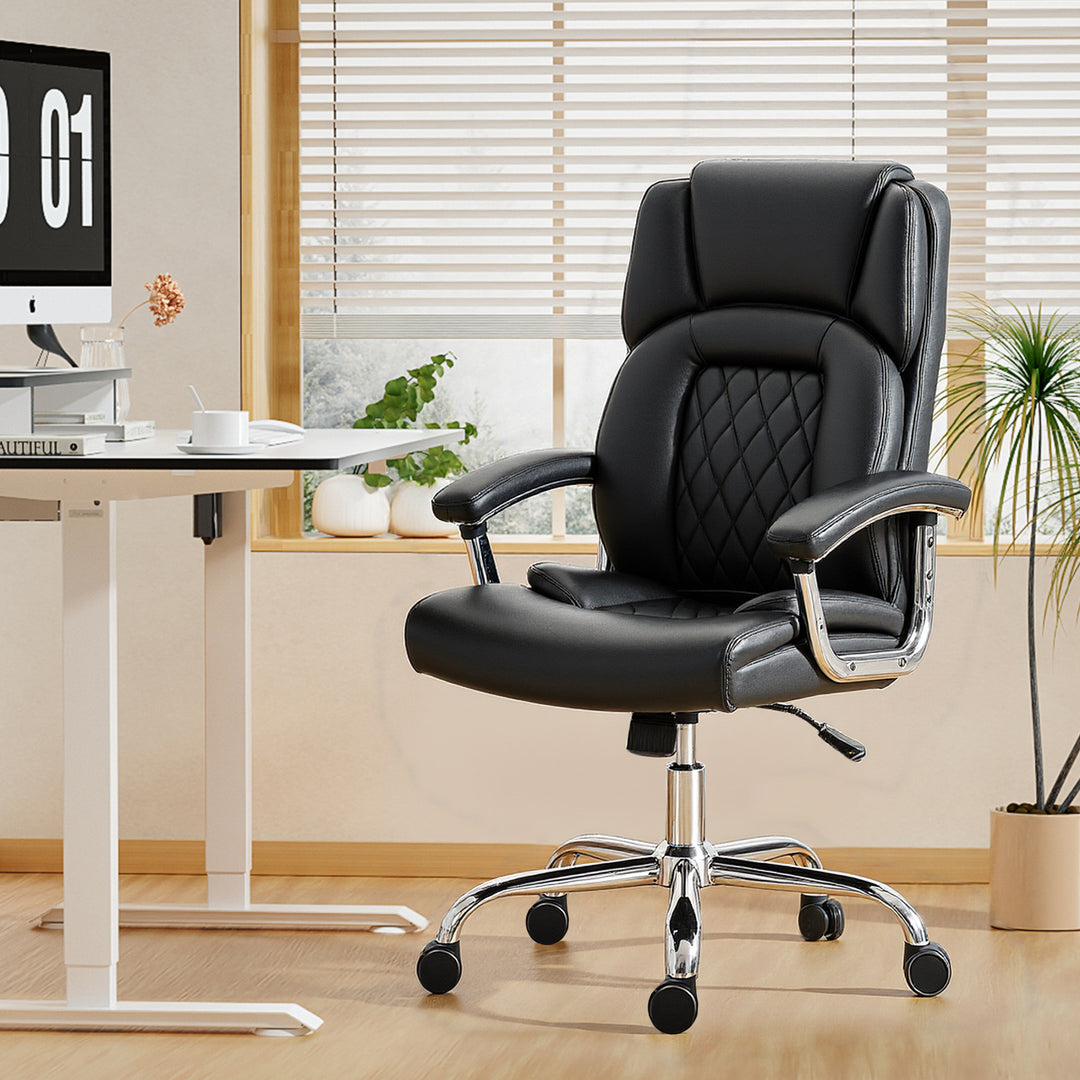 HOMCOM Big and Tall Office Chair 400 lbs, Desk Chair with Spring Cushion, PU Leather, High Back, Swivel Wheels, Black