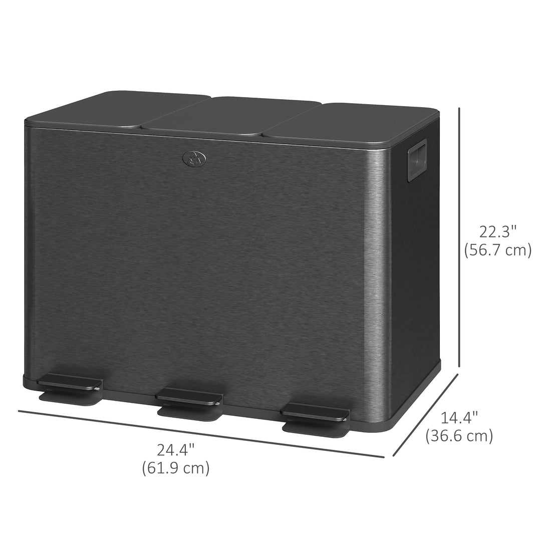 HOMCOM Triple Garbage Bin, Soft-Close Trash Can with Foot Pedal, 3 x 20 Liter Garbage Can with Removable Inner Buckets, Silver