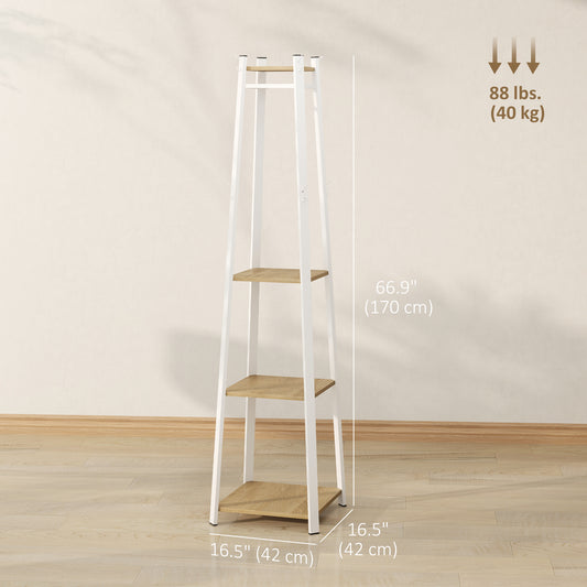 HOMCOM Clothes Rack with Storage, Garment Rack with 8 Hooks and 3-Tier Shelf, Clothes Stand for Bedroom, Entryway, Oak