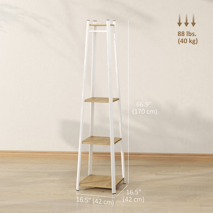 HOMCOM Clothes Rack with Storage, Garment Rack with 8 Hooks and 3-Tier Shelf, Clothes Stand for Bedroom, Entryway, Oak