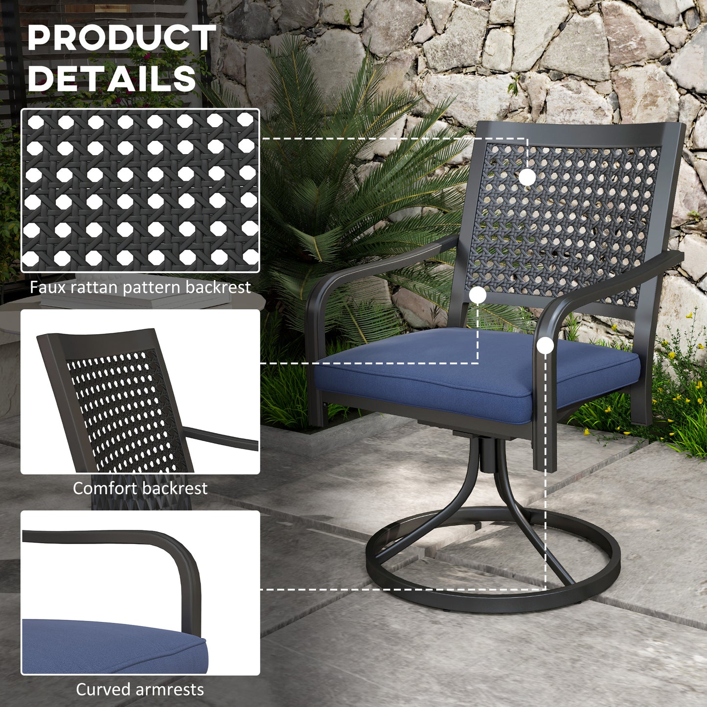 Outsunny 2 Pieces Patio Swivel Chairs with Cushion, Outdoor Swivel Rocker with Curved Armrests, Backrest for Garden, Balcony, Porch, Navy Blue