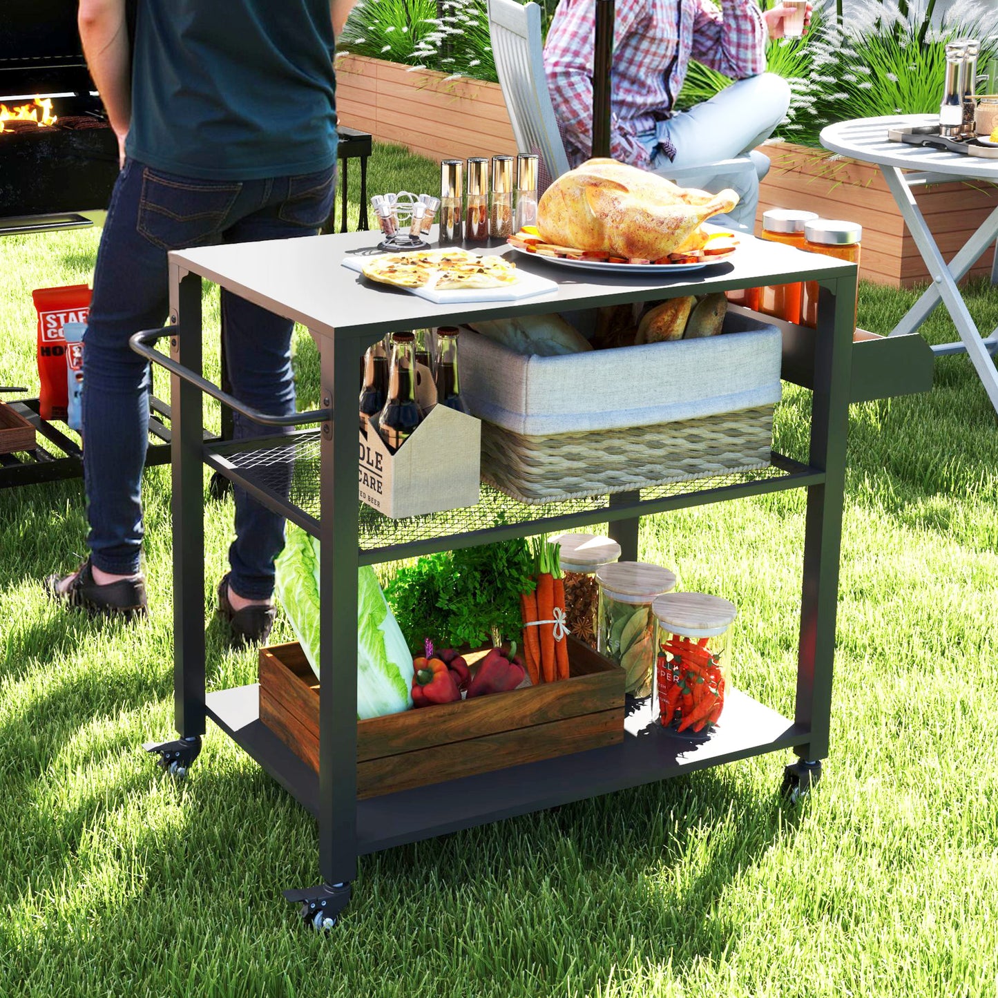 Outsunny 3-Shelf Outdoor Grill Cart Table with Foldable Side Table and Stainless Steel Table Top, Pizza Oven Stand on Wheels