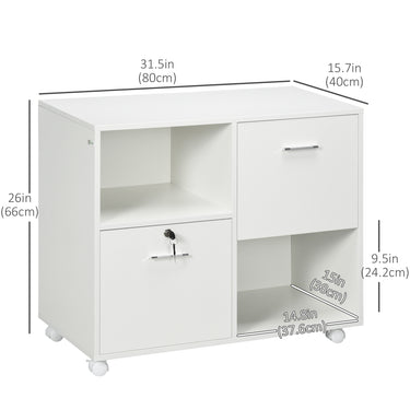 Vinsetto Lateral Filing Cabinet with Drawers and Lock, File Cabinet, Mobile Printer Stand with Open Shelves and Wheels for Letter and A4 Size Documents, White