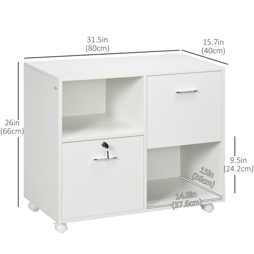 Vinsetto Lateral Filing Cabinet with Drawers and Lock, File Cabinet, Mobile Printer Stand with Open Shelves and Wheels for Letter and A4 Size Documents, White