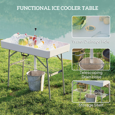 Outsunny 3.4ft Folding Ice Cooler Table with Drain, Outdoor Patio Party Cooler for Drinks, Fishing Cleaning Table with Storage Shelf for Picnic BBQ Camping Wedding, White
