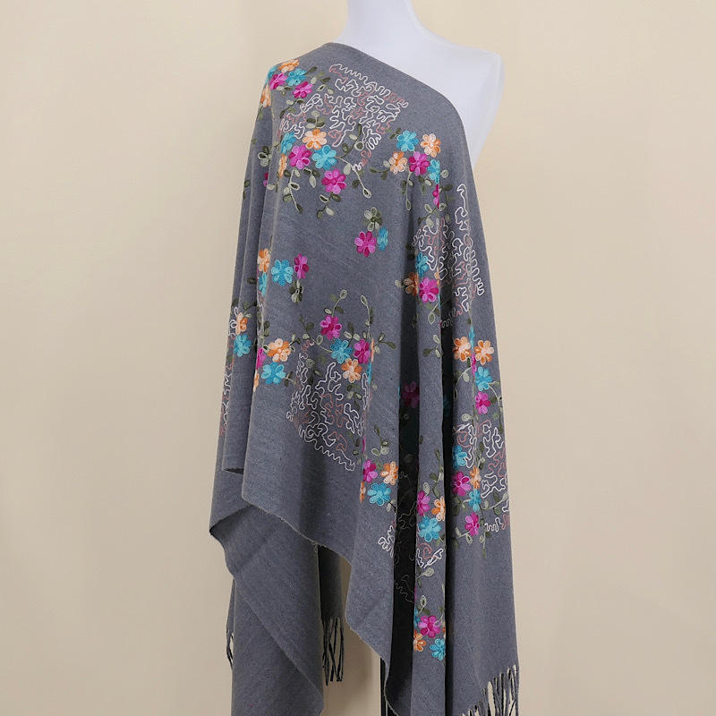 Aarniva Embroidered Faux Cashmere Shawl | Long Warm Wrap Scarf | Soft & Thick Fabric | Floral Tassel Design | Ethnic Style