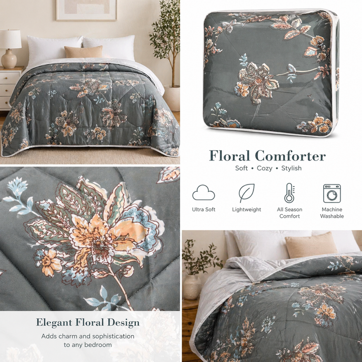 Aarniva Breathable Polyester Comforter Set | King/Queen | 250 GSM | Ultra-Soft & Cozy | Flower Patterns | Includes 2 Pillow Covers
