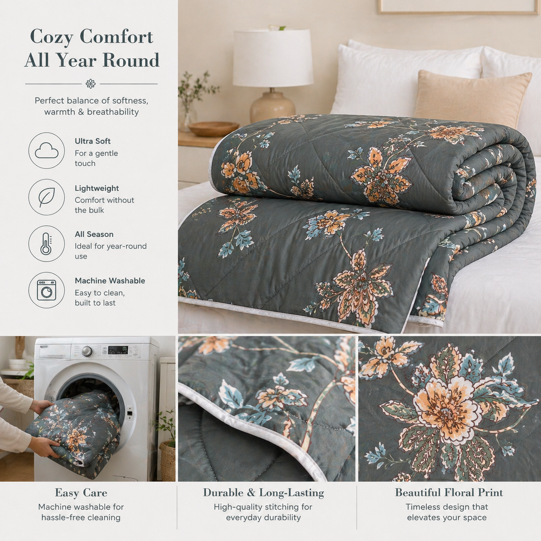Aarniva Breathable Polyester Comforter Set | King/Queen | 250 GSM | Ultra-Soft & Cozy | Flower Patterns | Includes 2 Pillow Covers