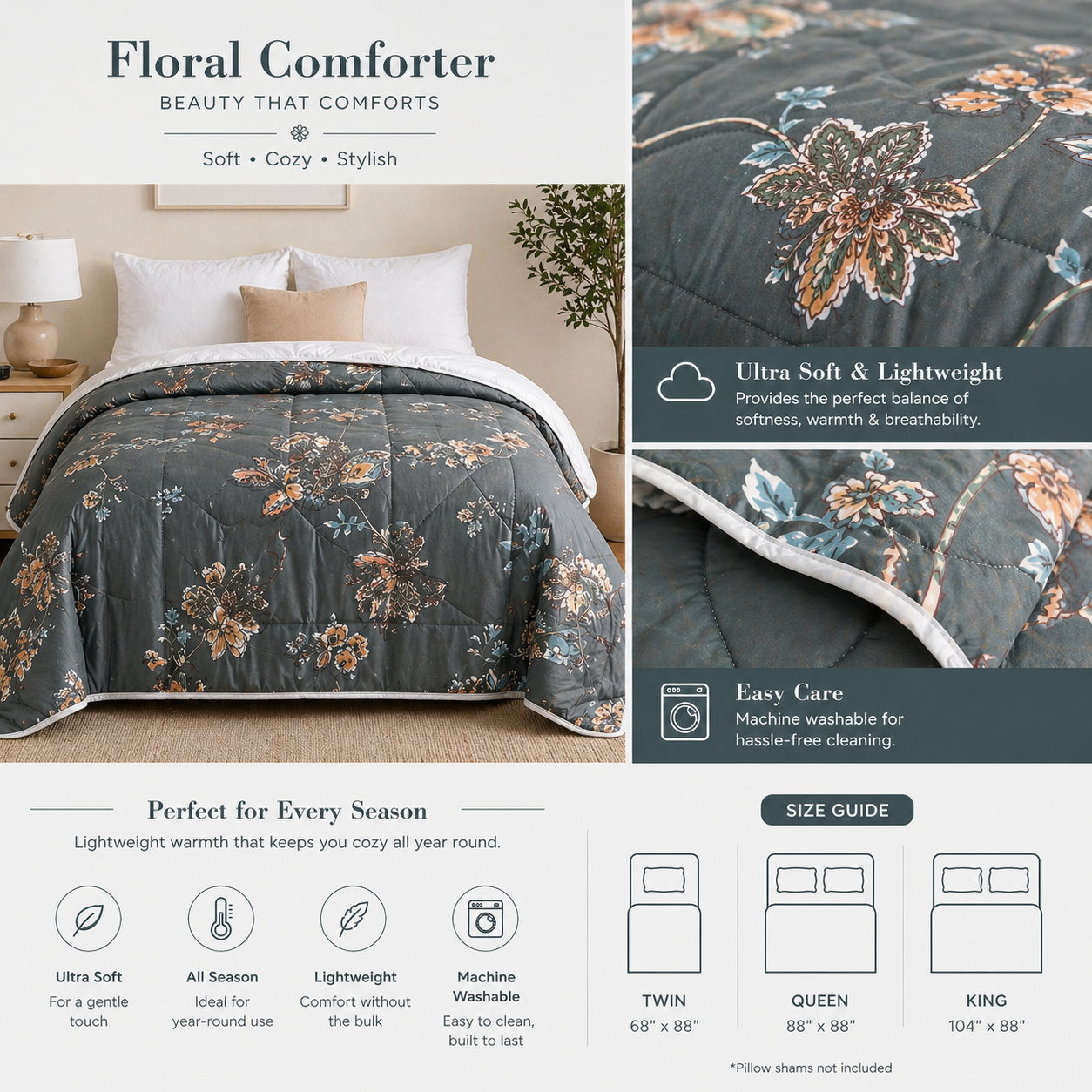 Aarniva Breathable Polyester Comforter Set | King/Queen | 250 GSM | Ultra-Soft & Cozy | Flower Patterns | 5-Piece Set