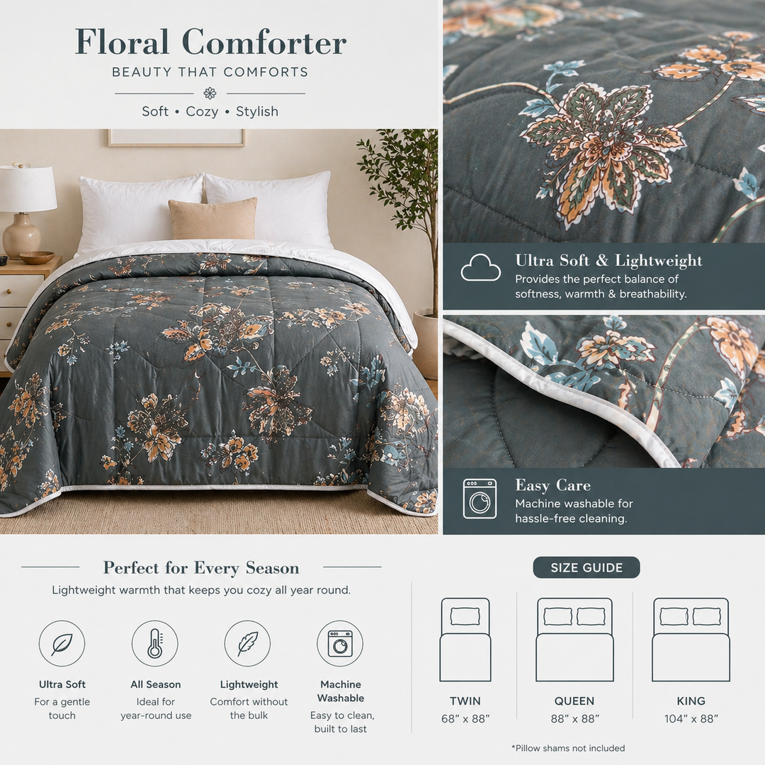 Aarniva Breathable Polyester Comforter Set | King/Queen | 250 GSM | Ultra-Soft & Cozy | Flower Patterns | Includes 2 Pillow Covers