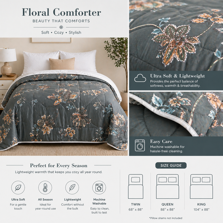 Aarniva Breathable Polyester Comforter Set | King/Queen | 250 GSM | Ultra-Soft & Cozy | Flower Patterns | Includes 2 Pillow Covers