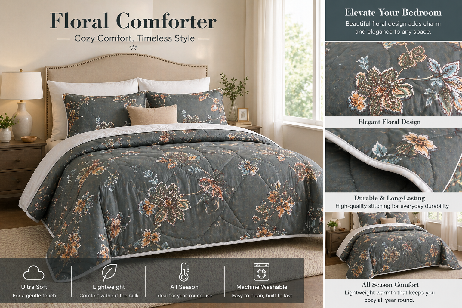 Aarniva Breathable Polyester Comforter Set | King/Queen | 250 GSM | Ultra-Soft & Cozy | Flower Patterns | 5-Piece Set