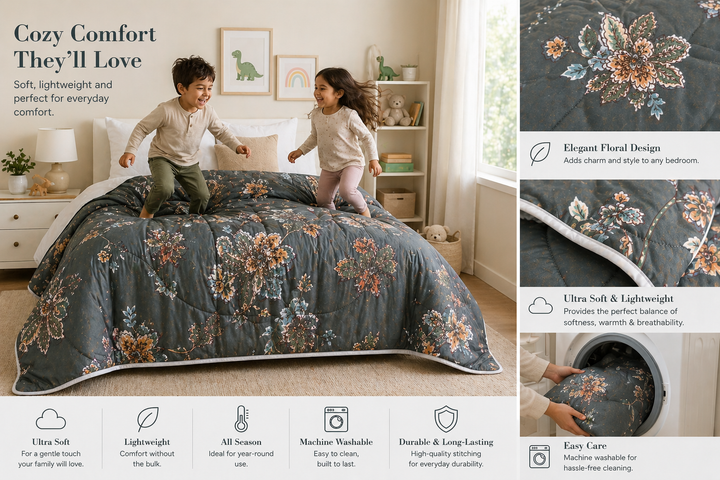 Aarniva Breathable Polyester Comforter Set | King/Queen | 250 GSM | Ultra-Soft & Cozy | Flower Patterns | Includes 2 Pillow Covers