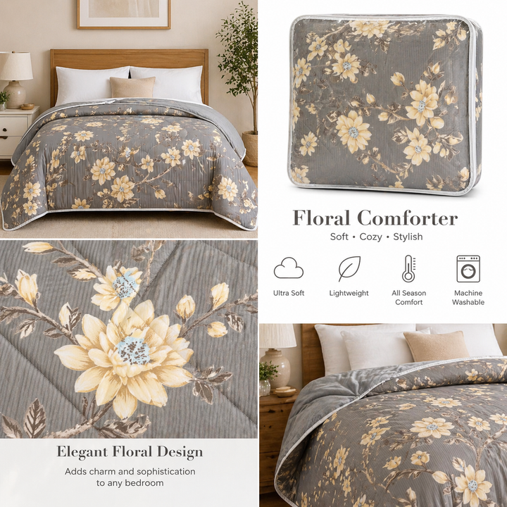 Aarniva Breathable Polyester Comforter Set | King/Queen | 250 GSM | Ultra-Soft & Cozy | Grey with White Flowers | Includes 2 Pillow Covers