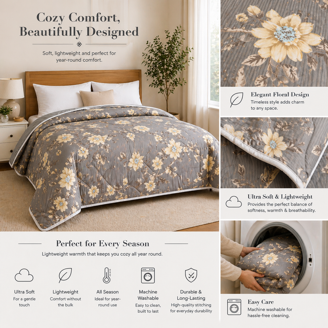 Aarniva Breathable Polyester Comforter Set | King/Queen | 250 GSM | Ultra-Soft & Cozy | Grey with White Flowers | Includes 2 Pillow Covers