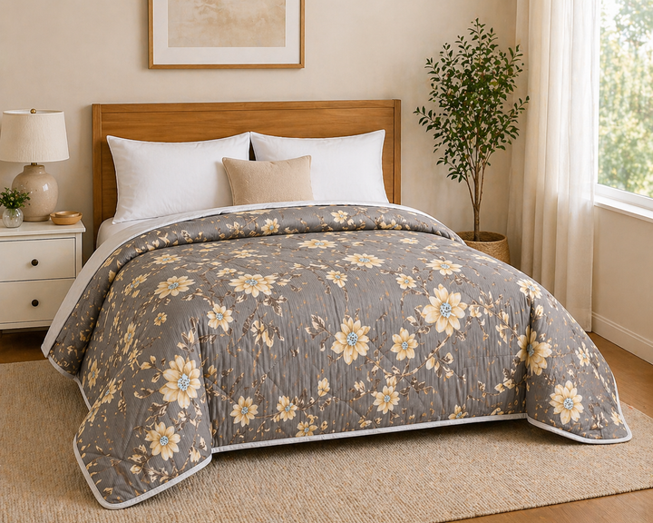 Aarniva Breathable Polyester Comforter Set | King/Queen | 250 GSM | Ultra-Soft & Cozy | Grey with White Flowers | Includes 2 Pillow Covers