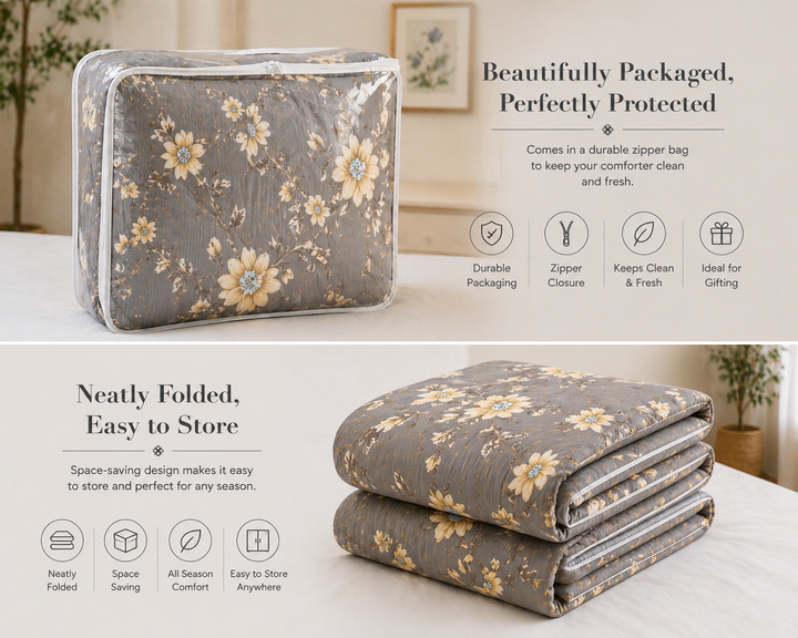 Aarniva Breathable Polyester Comforter Set | King/Queen | 250 GSM | Ultra-Soft & Cozy | Grey with White Flowers | Includes 2 Pillow Covers