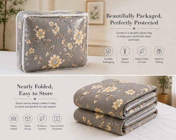 Aarniva Breathable Polyester Comforter Set | King/Queen | 250 GSM | Ultra-Soft & Cozy | Grey with White Flowers | 5-Piece Set
