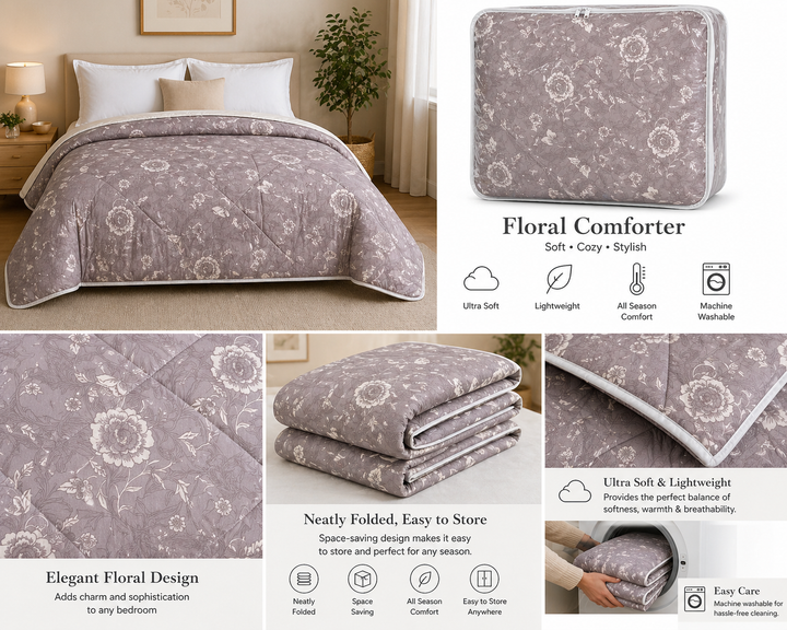 Aarniva Breathable Polyester Comforter Set | King/Queen | 250 GSM | Ultra-Soft & Cozy | Flowers pattern | Includes 2 Pillow Covers