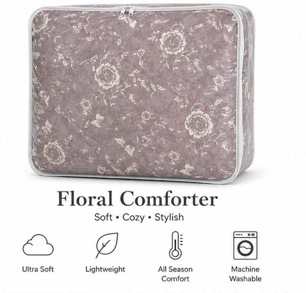 Aarniva Breathable Polyester Comforter Set | King/Queen | 250 GSM | Ultra-Soft & Cozy | Flowers pattern | 5-Piece Set