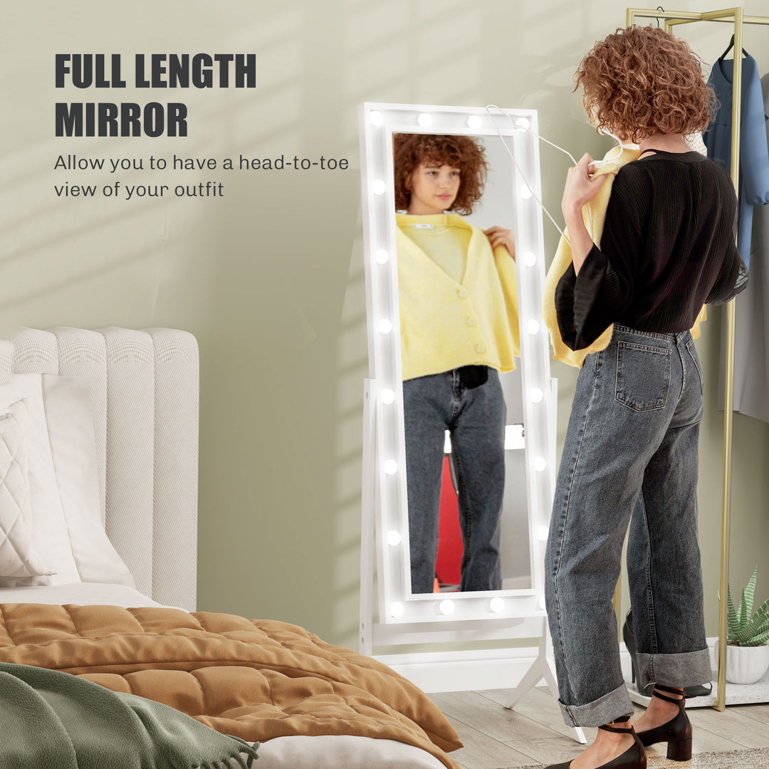 HOMCOM Free Standing Mirror with Lights and Adjustable Angles 60" x 18" Floor Mirror with Frame for Bedroom Living Room, White