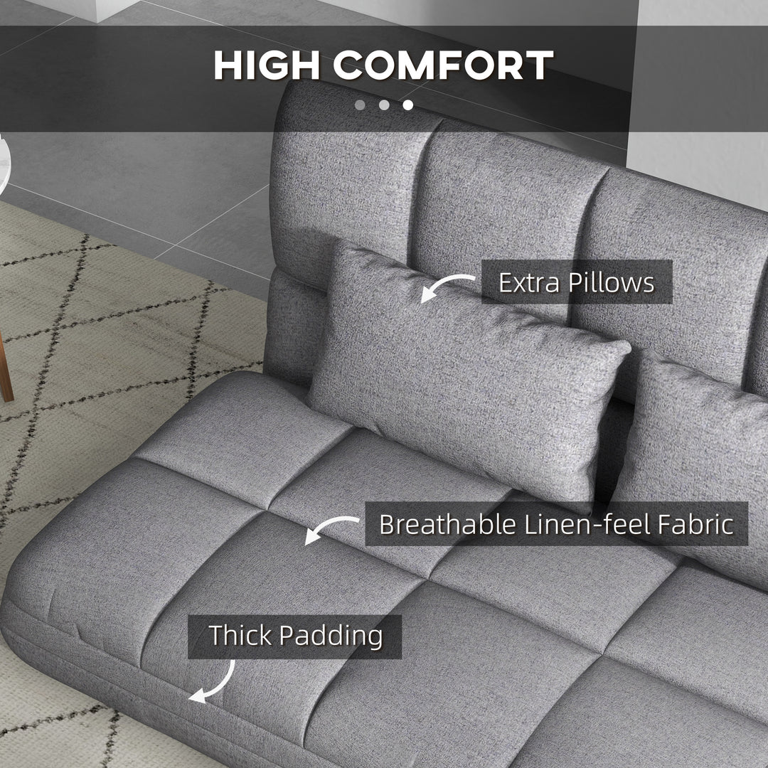 HOMCOM 51" Folding Floor Sofa, Foldable 2-Seater Lazy Sofa Sleeper Bed, Adjustable Linen Floor Couch with 9-position Backrest, 2 Pillows and Wide Seat for Living Room, Grey
