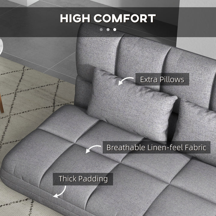 HOMCOM 51" Folding Floor Sofa, Foldable 2-Seater Lazy Sofa Sleeper Bed, Adjustable Linen Floor Couch with 9-position Backrest, 2 Pillows and Wide Seat for Living Room, Grey