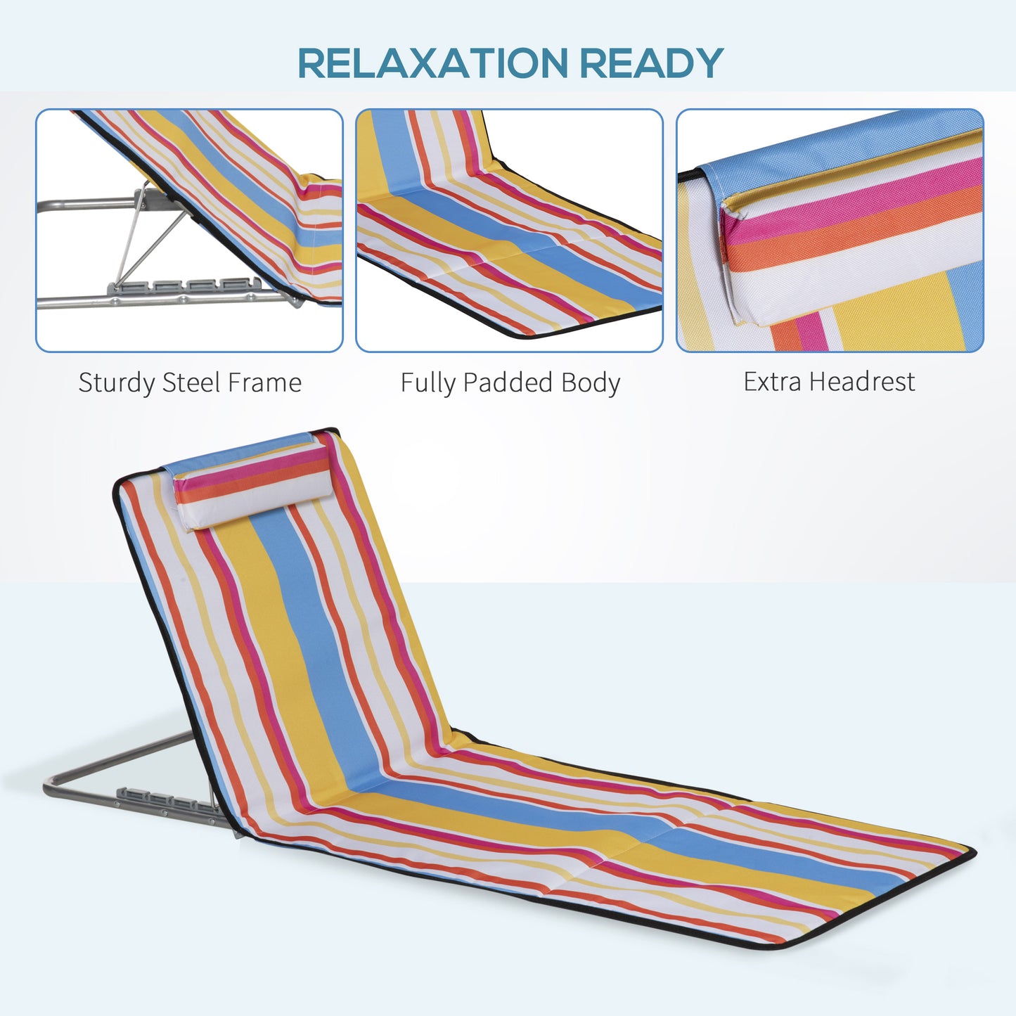 Outsunny Set of 2 Beach Lounge Chair Sun Lounger Beach Mat, Padded Folding Ground Mat Lounge Chair w/Adjustable Back, Steel Frame, Head Pillow and Carry Bag for Backyard Lakeside, Colorful Stripes
