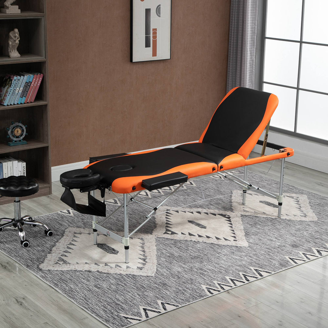 HOMCOM 85" 3 Section Foldable Massage Table Professional Salon SPA Facial Couch Bed (Black/Orange)