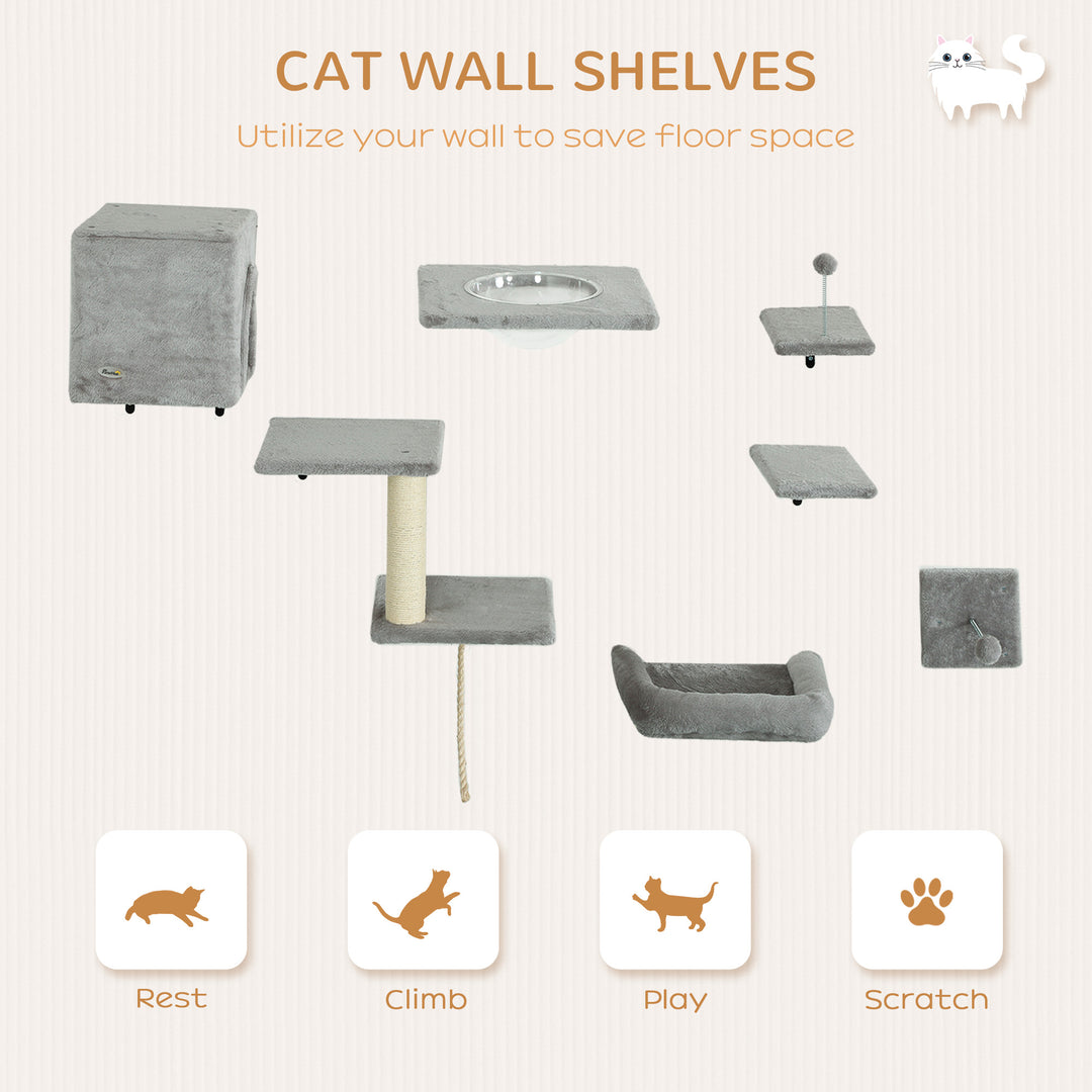 PawHut Cat Wall Shelves Set of 7, Shelves and Perches with House, Sisal Post Ladder, Bed & Ball, Grey