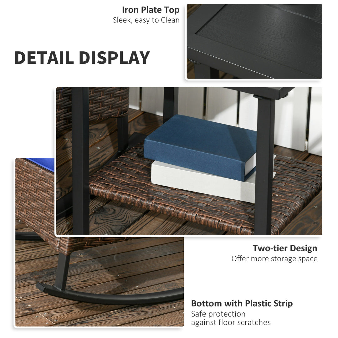 Outsunny 3 Pcs Outdoor PE Rattan Rocking Chair Set, Bistro Set with Two-tier Table, Padded Cushions for Garden, Dark Blue