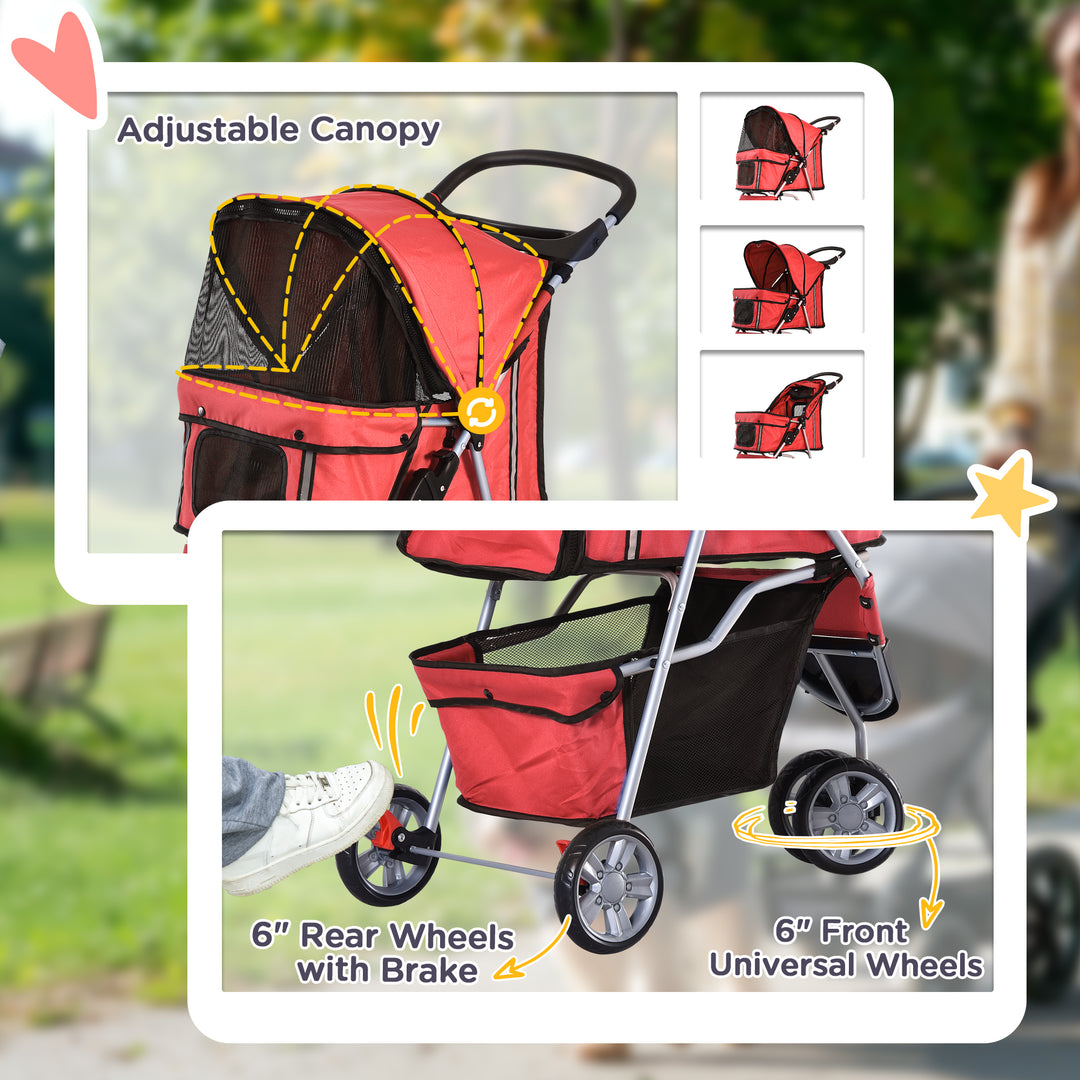 PawHut 3 Wheels Foldable Dog Stroller with Storage Basket, Adjustable Canopy, Cupholder for Miniature and Small Dogs, Red
