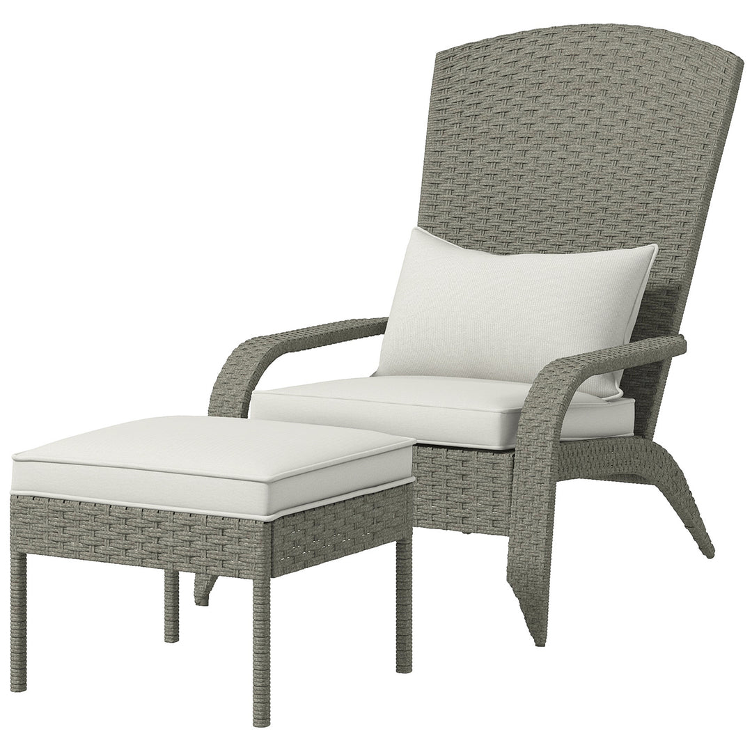 Outsunny Wicker Adirondack Chair with Ottoman, Patio Cushioned Muskoka Chair, Outdoor Fire Pit Chair with High-back and Armrests, for Deck, Garden, Backyard, Grey/Cream White
