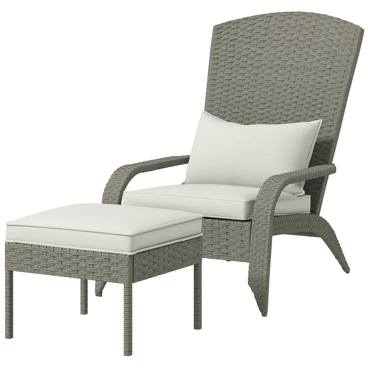 Outsunny Wicker Adirondack Chair with Ottoman, Patio Cushioned Muskoka Chair, Outdoor Fire Pit Chair with High-back and Armrests, for Deck, Garden, Backyard, Grey/Cream White